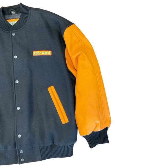 Burks Bay Pac-Man Bomber Jacket Mens Large Orange Black Wool Leather Gamer Coat - Picture 3 of 16